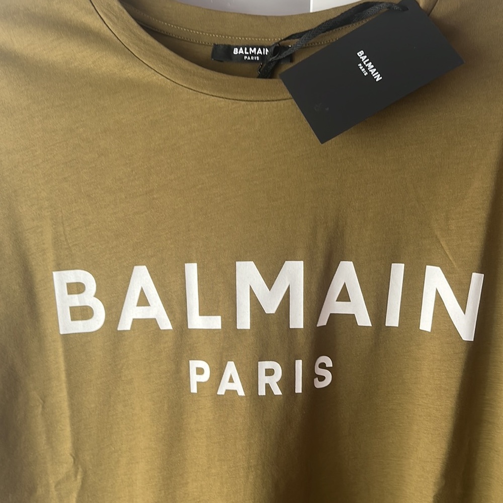BALMAIN KHAKI COTTON CREWNECK LOGO T-SHIRT SIZE MEDIUM BRAND NEW - Picture 4 of 8